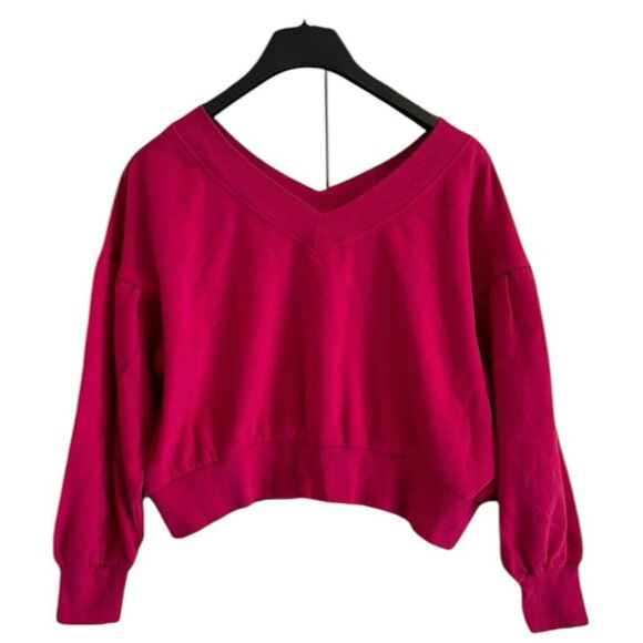 Wild Fable Hot Pink V-Neck Cropped Balloon Sleeve Sweatshirt Juniors Size Large - Picture 5 of 5
